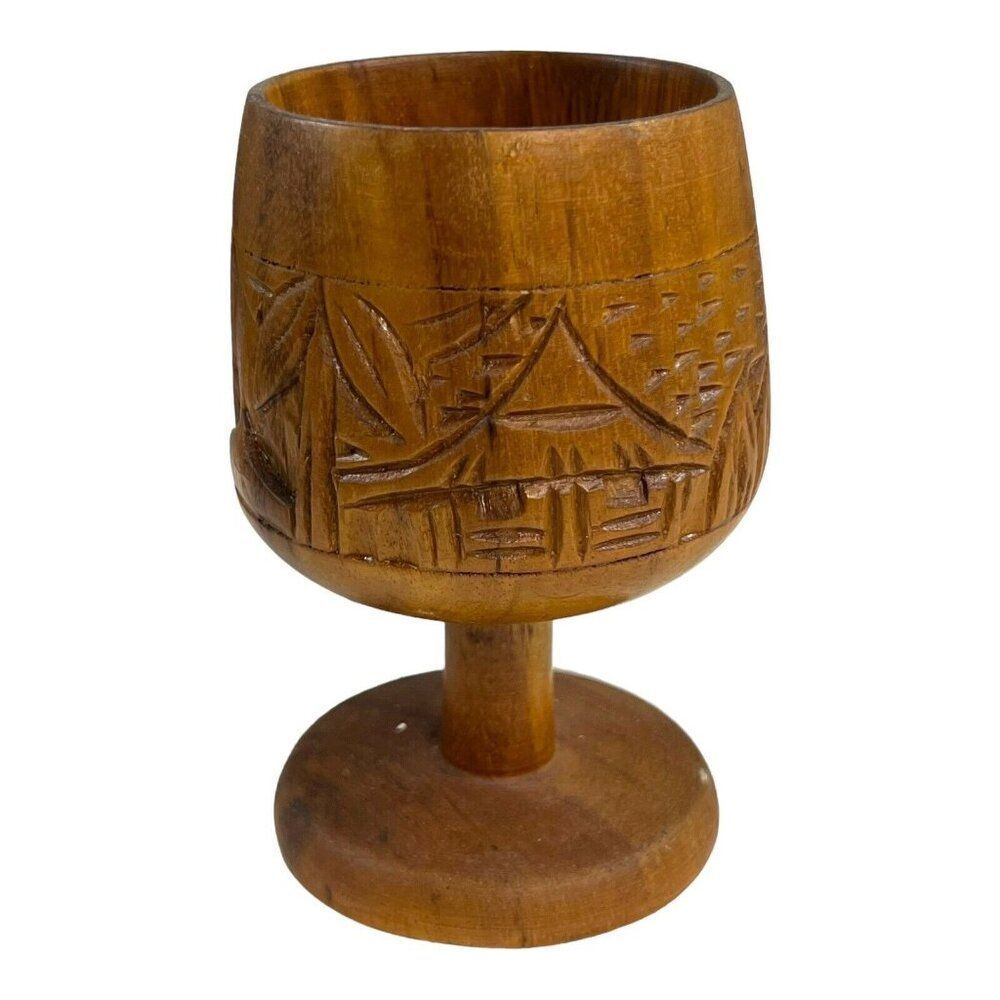 Vintage Hand Carved Wood Chalice Goblet Tiki Hut Carving 5” Wine Cup Goblet